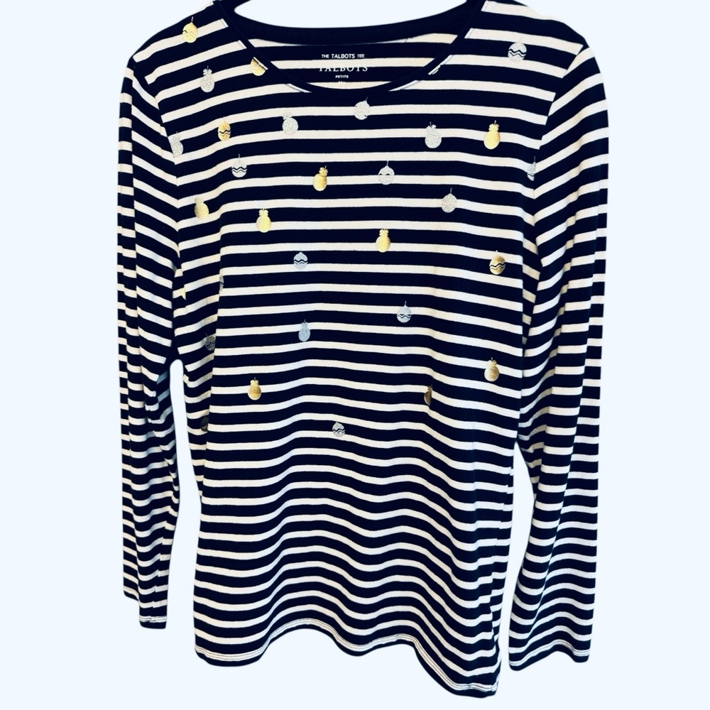 Navy and White Striped Women's Top with metallic ornaments MP - Picture 2 of 4